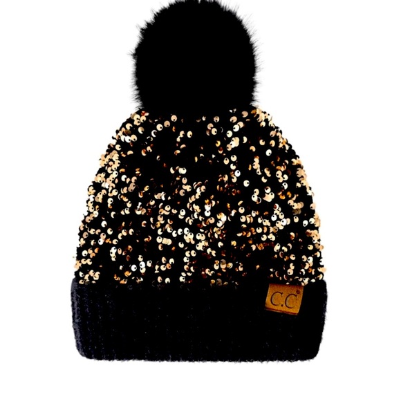 Accessories - NEW..Gold Black Sequin Beanie